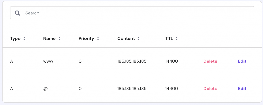A DNS zone page showcasing search results for A records