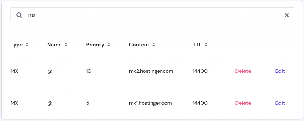 A DNS zone page showcasing search results for MX records